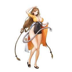 Rule 34 | 1girl, absurdly long hair, aged up, braid, breasts, brown eyes, brown hair, cleavage, doctor (last origin), dress, full body, game cg, grin, highres, huge breasts, last origin, long hair, looking at viewer, low-tied long hair, official art, panties, smile, solo, tachi-e, transparent background, twin braids, underwear, very long hair
