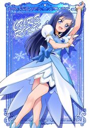 Rule 34 | 1girl, absurdres, bike shorts under skirt, blue background, blue bow, blue eyes, blue hair, blush, boots, bow, bracelet, brooch, choker, cosplay, cowboy shot, cure diamond, cure diamond (cosplay), dokidoki! precure, heart, heart brooch, highres, hishikawa rikka, jewelry, long hair, looking at viewer, magical girl, open mouth, precure, self cosplay, short sleeves, smile, solo, tirofinire, white background, yellow choker