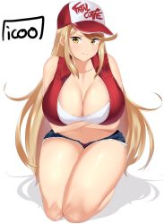 Rule 34 | 1girl, blonde hair, blush, breasts, cleavage, cosplay, embarrassed, fatal fury, hat, highres, icoo, large breasts, legs, long hair, mythra (xenoblade), nervous, nintendo, short shorts, shorts, snk heroines: tag team frenzy, super smash bros., terry bogard (cosplay), thick thighs, thighs, xenoblade chronicles (series), xenoblade chronicles 2, xenoblade chronicles (series), xenoblade chronicles 2