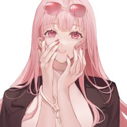 Rule 34 | 1girl, absurdres, black jacket, cuffs, eyewear on head, getcha! (vocaloid), handcuffs, hands on own face, highres, hololive, hololive english, jacket, kuiqiu kq, long hair, looking at viewer, mori calliope, nail polish, open mouth, parted lips, pink hair, red eyes, red nails, shirt, simple background, solo, sunglasses, upper body, virtual youtuber, vocaloid, white background, white shirt