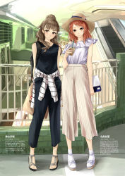 Rule 34 | 10s, 2girls, arms behind back, bag, balcony, bare shoulders, beige pants, black pants, blunt bangs, blush, brown eyes, brown hat, building, capri pants, chef no kimagure salad, city, closed mouth, clothes around waist, collarbone, cup, drinking straw, eyebrows, fashion, fedora, hair bun, hat, highres, holding, holding cup, houjou karen, idolmaster, idolmaster cinderella girls, kamiya nao, looking at viewer, multiple girls, no legwear, off shoulder, outdoors, over shoulder, pants, railing, red hair, sandals, shopping bag, short hair, single hair bun, sky, smile, socks, striped clothes, striped pants, tank top, text focus, thick eyebrows, toes, translation request, vertical-striped clothes, vertical-striped pants, white legwear, window, window shutter, yellow sky
