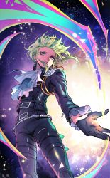 Rule 34 | 1boy, ascot, bae (baebae), black gloves, black jacket, blue fire, cowboy shot, earrings, fire, gloves, green fire, green hair, half gloves, highres, jacket, jewelry, leather, leather pants, lio fotia, male focus, outstretched hand, pants, pink fire, promare, purple eyes, purple fire, pyrokinesis, solo, standing