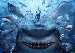 Rule 34 | 1girl, a (phrase), animal costume, animal hood, bloop (gawr gura), blue eyes, blue hair, blue hoodie, blunt bangs, cosplay, fins, fish skeleton, fish tail, gawr gura, gawr gura (1st costume), hair ornament, hammerhead shark, highres, hololive, hololive english, holomyth, hood, hoodie, medium hair, multicolored hair, polearm, rayleigh scale, shark, shark costume, shark girl, shark hair ornament, shark hood, shark print, shark tail, sharp teeth, shoes, silver hair, sleeves past wrists, sneakers, streaked hair, tail, teeth, trident, two side up, virtual youtuber, weapon, white footwear, wide sleeves