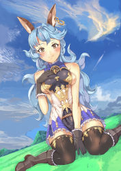 Rule 34 | 10s, 1girl, absurdres, animal ears, black gloves, black thighhighs, blue hair, blush, boots, breasts, cloud, day, earrings, embarrassed, erune, ferry (granblue fantasy), gloves, granblue fantasy, grass, highres, jewelry, knee boots, long hair, looking at viewer, medium breasts, pm tii (matuko1024), sideboob, single earring, sitting, sky, solo, thighhighs, wariza, yellow eyes