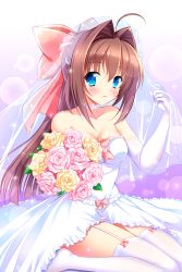 Rule 34 | 1girl, ahoge, asakura otome, blue eyes, blush, bouquet, bow, breasts, brown hair, choker, cleavage, collarbone, da capo, da capo ii, dress, elbow gloves, flower, gloves, hair intakes, highres, lens flare, long hair, parted lips, pink bow, sitting, sleeveless, sleeveless dress, solo, sparkle, thighhighs, wariza, white gloves, white thighhighs, yagami-all hail nanao