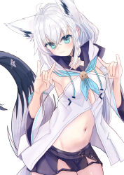 Rule 34 | 1girl, absurdres, animal ears, aqua eyes, ascot, braid, breasts, detached sleeves, double fox shadow puppet, fox ears, fox girl, fox shadow puppet, fox tail, highres, hololive, looking at viewer, matudo yuu, medium breasts, midriff, navel, shirakami fubuki, shirakami fubuki (1st costume), shorts, side braid, simple background, smile, solo, tail, virtual youtuber, white background, white hair