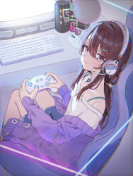 Rule 34 | 1girl, bare legs, blush, brown hair, candy, cardigan, chair, commentary request, controller, energy drink, food, game controller, gaming chair, hair between eyes, headset, highres, holding, holding controller, holding game controller, idolmaster, idolmaster shiny colors, indoors, keyboard (computer), lollipop, long hair, looking at viewer, mouse (computer), osaki tenka, pop filter, purple cardigan, shirt, sitting, smile, solo, swivel chair, very long hair, white shirt, yumeme 818
