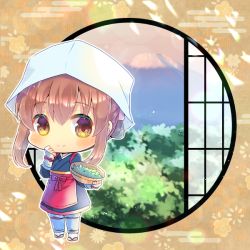 Rule 34 | 1girl, alternate costume, apron, blue kimono, blue pants, blush, bowl, brown eyes, brown footwear, brown hair, checkered background, closed mouth, commentary request, commission, egasumi, hair between eyes, hand up, hat, holding, holding bowl, inazuma (kancolle), japanese clothes, kantai collection, kimono, kou hiyoyo, long sleeves, looking at viewer, pants, red apron, round window, sandals, sidelocks, smile, solo, white hat, white legwear, window, zouri