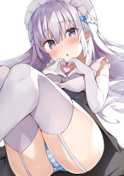 Rule 34 | 1girl, :o, absurdres, bare shoulders, blush, braid, cameltoe, chestnut mouth, commentary request, elbow gloves, frills, garter straps, gloves, grey hair, hair between eyes, half updo, heart, heart hands, high-waist skirt, highres, long hair, looking at viewer, lying, maid, maid headdress, on back, original, panties, purple eyes, shin no tenpii, skirt, solo, striped clothes, striped panties, thighhighs, underbust, underwear, upskirt, white garter straps, white gloves, white thighhighs