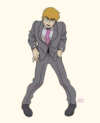 Rule 34 | 1boy, artist name, black footwear, blonde hair, collared shirt, commentary, english commentary, formal, full body, gatoiberico, grey jacket, grey pants, grey suit, hand in pocket, highres, jacket, long sleeves, looking to the side, male focus, mob psycho 100, necktie, open mouth, pants, purple necktie, reigen arataka, shirt, shoes, short hair, simple background, smile, solo, standing, suit