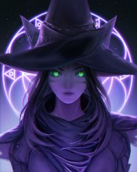 Rule 34 | 1girl, animal ears, black mage (final fantasy), cat ears, facial mark, fictional persona, final fantasy, final fantasy xiv, glowing, glowing eyes, green eyes, gweni, hat, highres, lips, long hair, looking at viewer, miqo&#039;te, monochrome, portrait, purple hair, solo, spot color, warrior of light (ff14), watermark, whisker markings, witch hat