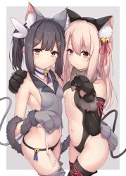 Rule 34 | 2girls, animal ear fluff, animal ears, animal hands, arata (xin), asymmetrical docking, bare shoulders, bell, black hair, black leotard, blonde hair, blush, border, breast press, breasts, brown eyes, cat ears, cat tail, center opening, closed mouth, crop top, elbow gloves, fate/kaleid liner prisma illya, fate (series), feather hair ornament, feathers, gloves, grey background, hair ornament, highres, illyasviel von einzbern, illyasviel von einzbern (beast style), jingle bell, leotard, light smile, long hair, looking at viewer, miyu edelfelt, multiple girls, navel, official alternate costume, panties, paw gloves, red eyes, revision, small breasts, tail, thighhighs, thighs, twintails, underwear, white border