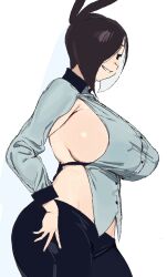 Rule 34 | 1girl, absurdres, armpit crease, black eyes, black hair, black pants, blue shirt, breasts, collared shirt, commentary, contrapposto, cowboy shot, curvy, english commentary, from side, grin, hair over one eye, highres, large breasts, li (whoopsatro), long sleeves, looking at viewer, one eye covered, original, pants, shirt, short hair, sideboob, sideless shirt, sideways glance, simple background, smile, solo, white background, whoopsatro