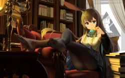 Rule 34 | 1girl, amiya (arknights), animal ear fluff, animal ears, arknights, ascot, bare shoulders, black ascot, black jacket, black pantyhose, blue eyes, blue skirt, book, book stack, bookshelf, breasts, brown hair, candle, couch, crossed legs, curtains, feet, female focus, food, full body, highres, holding, holding food, jacket, leaning back, legs up, long hair, long sleeves, medium breasts, miniskirt, no shoes, off shoulder, on couch, open clothes, open jacket, pantyhose, phonograph, pikaqx, plaid, plaid skirt, rabbit ears, sitting, skirt, solo, very long hair, window