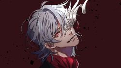 Rule 34 | 1boy, antonio salieri (fate), antonio salieri (second ascension) (fate), fate/grand order, fate (series), grey hair, hair between eyes, head tilt, looking at viewer, male focus, one eye covered, parted lips, portrait, red background, red eyes, red scarf, scarf, solo, tenobe