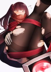 Rule 34 | 1girl, alternate costume, black pantyhose, blush, bound, breasts, brown coat, coat, dinergate (girls&#039; frontline), embarrassed, flying sweatdrops, girls&#039; frontline, gloves, hair ornament, hair ribbon, highres, large breasts, leg up, long hair, looking at viewer, official alternate costume, one side up, open mouth, panties, panties under pantyhose, pantyhose, pnatsu, purple hair, red eyes, red ribbon, red scarf, ribbon, scarf, sidelocks, simple background, thighband pantyhose, torn clothes, torn legwear, underwear, very long hair, wa2000 (date in the snow) (girls&#039; frontline), wa2000 (girls&#039; frontline), white background