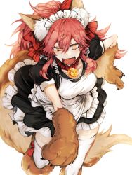 Rule 34 | 10s, 1girl, animal ears, animal hands, apron, bad id, bad pixiv id, bell, bow, breasts, cat hair ornament, cat paws, collar, collarbone, fangs, fate/extra, fate/grand order, fate (series), fox ears, fox tail, gloves, hair bow, hair ornament, hair ribbon, highres, jingle bell, large breasts, maid headdress, neck bell, open mouth, paw gloves, paw shoes, pink hair, ribbon, shoes, shunnyun, simple background, solo, tail, tamamo (fate), tamamo cat (fate), tamamo cat (second ascension) (fate), white background, yellow eyes