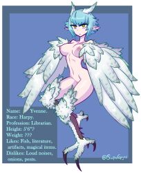 Rule 34 | 1girl, artist name, bird legs, blue background, blue hair, breasts, character name, character profile, feather hair, feathered wings, feathers, harpy, medium breasts, monster girl, navel, nipples, nude, original, pointy ears, short hair, solo, talons, tenk, white feathers, white wings, wings, yellow eyes