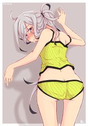 Rule 34 | 10s, 1girl, 2016, ahoge, alternate costume, asashimo (kancolle), ass, bare shoulders, blush, butt crack, dated, eyebrows, grey background, hair over one eye, kantai collection, long hair, looking back, ponytail, ru2n131, silver hair, simple background, solo, sweatdrop, thighhighs