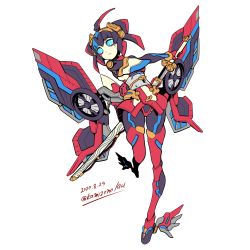 Rule 34 | 1girl, aged down, artist name, autobot, bad id, bad twitter id, blue eyes, butterfly wings, commentary, dated, english commentary, highres, holding, holding sword, holding weapon, insect wings, kamizono (spookyhouse), katana, looking to the side, mecha, mechanical wings, robot, sheath, solo, sword, transformers, unsheathing, weapon, white background, windblade, wings