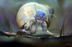 Rule 34 | 1girl, antennae, bare shoulders, beetle, blue eyes, blue hair, breast press, breasts, bug, cleavage, closed mouth, commentary, fingernails, grass, bug, large breasts, lips, marc brunet, matching hair/eyes, monster girl, nail polish, on ground, original, purple nails, reaching, reaching towards viewer, red lips, shell, short hair, signature, snail girl, snail shell, solo, thick eyebrows