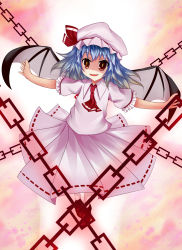 Rule 34 | blue hair, chain, cross background, dress, hat, highres, loki 78, miserable fate, mob cap, pink dress, remilia scarlet, solo, spell card, touhou