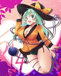 Rule 34 | 1girl, alternate hair length, alternate hairstyle, barefoot, bikini, bikini under clothes, black hat, blouse, bow, breasts, cleavage, full body, green bikini, green hair, hat, hat bow, heart, heart-shaped pupils, heart of string, jyaoh0731, koishi day, komeiji koishi, large breasts, long hair, looking at viewer, open mouth, shirt, solo, swimsuit, symbol-shaped pupils, thighs, third eye, touhou, yellow bow, yellow shirt