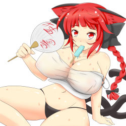Rule 34 | 1girl, animal ears, bow, braid, breasts, cat ears, cat tail, cleavage, covered erect nipples, food, hand fan, highres, himenomikan, hot, kaenbyou rin, large breasts, mouth hold, multiple tails, panties, paper fan, popsicle, red eyes, red hair, solo, sweat, tail, touhou, twin braids, uchiwa, underwear