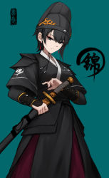 Rule 34 | 1girl, absurdres, arm guards, black eyes, black hair, black hat, black kimono, blue background, breasts, closed mouth, earrings, hair between eyes, hat, highres, holding, holding sheath, japanese clothes, jewelry, kimono, long sleeves, looking at viewer, medium breasts, obi, original, sash, sheath, sheathed, shimmer, short hair, simple background, solo, sword, v-shaped eyebrows, weapon