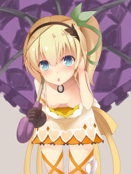 Rule 34 | 10s, 1girl, blonde hair, blue eyes, bow, breasts, chestnut mouth, downblouse, edna (tales), extended downblouse, gloves, hair bow, hanging breasts, leaning forward, leg ribbon, no bra, open mouth, parasol, ribbon, side ponytail, single glove, small breasts, solo, tales of (series), tales of zestiria, umbrella, wapokichi