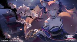 Rule 34 | 1girl, animal ear fluff, animal ears, blue kimono, blue ribbon, breasts, cherry blossoms, cleavage, closed mouth, commentary request, detached collar, detached sleeves, fate/extra, fate/grand order, fate (series), flower, fox ears, fox girl, fox tail, hair between eyes, hair ribbon, highres, japanese clothes, kimono, large breasts, long hair, multiple tails, off shoulder, pink flower, pink hair, reflection, ribbon, rk rika, sidelocks, smile, solo, tail, tamamo (fate), tamamo no mae (fate/extra), twintails, twitter username, water, wide sleeves, yellow eyes