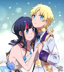Rule 34 | 1boy, 1girl, ariamikukanzaki, bare shoulders, belt, black hair, blonde hair, blue background, blue eyes, blue ribbon, blush, breasts, cleavage, closed mouth, coat, collarbone, dancing, detached leggings, dress, fate/grand order, fate/requiem, fate (series), fundoshi, highres, holding hands, japanese clothes, jewelry, large breasts, long sleeves, looking at viewer, magatama, magatama hair ornament, medium hair, multicolored hair, necklace, open clothes, open coat, parted bangs, pink hair, polearm, ribbon, short hair, sideless outfit, sleeveless, sleeveless dress, spear, spiked hair, star (symbol), streaked hair, utsumi erice, voyager (fate), voyager (second ascension) (fate), wavy mouth, weapon, white coat, white dress, white legwear