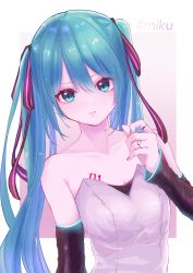 Rule 34 | 1girl, bare shoulders, black sleeves, blue eyes, blue hair, blue nails, breasts, character name, cleavage, closed mouth, collarbone, detached sleeves, hair between eyes, hair ribbon, hatsune miku, heart o-ring, highres, katorea, long hair, long sleeves, looking at viewer, nail polish, ribbon, small breasts, solo, strapless, twintails, upper body, very long hair, vocaloid