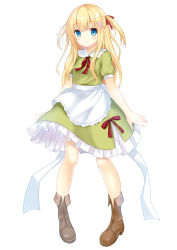 Rule 34 | 1girl, apron, bare legs, blonde hair, blue eyes, boots, breasts, brown footwear, dress, frilled dress, frills, full body, green dress, hair ribbon, long hair, original, puffy short sleeves, puffy sleeves, ribbon, setona (daice), short sleeves, simple background, small breasts, smile, two side up, white background