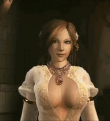Rule 34 | 00s, 1girl, 3d, animated, animated gif, breasts, bridal gauntlets, brown eyes, brown hair, cleavage, cropped, dress, third-party edit, fatima (undead knights), female focus, indoors, jewelry, large breasts, long dress, long hair, looking at viewer, lowres, matching hair/eyes, necklace, queen, slow motion, smile, solo, tecmo, third-party edit, undead knights, walking, white dress
