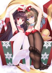 Rule 34 | 2girls, :d, akuma (ogino-m), animal ears, arm up, bare shoulders, black hair, black legwear, blue bow, blue eyes, blue hair, blue neckwear, blush, bow, bowtie, box, breasts, brown hair, candy, candy cane, character request, cleavage, fake animal ears, feet, food, foot focus, foreshortening, fur collar, gift, gift box, gradient hair, hair ornament, hairpin, heart arms duo, highres, in box, in container, indie virtual youtuber, large breasts, leotard, long hair, medium breasts, multicolored hair, multiple girls, no shoes, open mouth, pink bow, pink neckwear, rabbit ears, red eyes, red leotard, ribbon, smile, soles, strapless, strapless leotard, toes, very long hair, virtual youtuber, white legwear, yellow ribbon