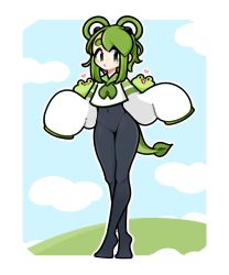 Rule 34 | 1girl, blue sky, bodystocking, border, chey, cloud, commentary, covered navel, day, english commentary, freckles, frog, frog girl, full body, green eyes, green hair, green neckerchief, heart, highres, lily (chey), long sleeves, looking at viewer, medium hair, neckerchief, original, shirt, sky, sleeves past fingers, sleeves past wrists, solo, standing, tail, white border, white shirt