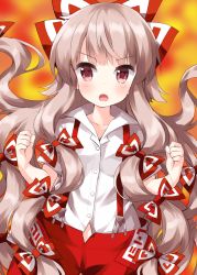 Rule 34 | 1girl, bow, cowboy shot, fiery background, fire, fujiwara no mokou, hair bow, highres, long hair, looking to the side, multiple bows, ofuda, ofuda on clothes, open mouth, red eyes, ruu (tksymkw), shirt, short sleeves, solo, standing, suspenders, touhou, v-shaped eyebrows, very long hair, white shirt