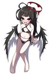 Rule 34 | 1girl, antenna hair, bags under eyes, bare legs, barefoot, bikini, black bikini, black hair, black wings, blue archive, blush, criss-cross halter, full body, halo, halterneck, highres, looking ahead, melting halo, navel, nervous smile, nervous sweating, nose blush, o2h2 oh4, official alternate costume, ponytail, red eyes, red halo, shadow, side-tie bikini bottom, smile, solo, stomach, sweat, swimsuit, thigh gap, toes, tsurugi (blue archive), tsurugi (swimsuit) (blue archive), wings