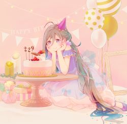 Rule 34 | 1girl, ahoge, alternate costume, balloon, blue dress, blue eyes, blue footwear, blue hair, box, cake, candle, closed mouth, colis, dress, food, fruit, gift, gift box, grey hair, hair between eyes, hands on own cheeks, hands on own face, happy birthday, high heels, kantai collection, kiyoshimo (kancolle), long hair, multicolored hair, smile, solo, strawberry