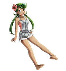 Rule 34 | 1girl, barefoot, creatures (company), dark-skinned female, dark skin, feet, flower, full body, game freak, green eyes, green hair, hair flower, hair ornament, highres, long hair, looking at viewer, mallow (pokemon), nintendo, open mouth, pokemon, pokemon sm, simple background, smile, soles, solo, tamamon, toes, trial captain, twintails, white background