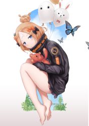 Rule 34 | 1girl, abigail williams (fate), abigail williams (traveling outfit) (fate), animal, bad id, bad pixiv id, balloon, bandaid, bandaid on face, bandaid on forehead, bare legs, barefoot, black bow, black jacket, blonde hair, blue eyes, blue sky, blush, bow, bug, butterfly, cloud, cloudy sky, commentary request, day, fate/grand order, fate (series), fou (fate), hair bow, hair bun, head tilt, highres, insect, jacket, k jie, keyhole, long hair, long sleeves, looking at viewer, medjed (fate), hugging object, official alternate costume, orange bow, parted bangs, parted lips, polka dot, polka dot bow, single hair bun, sky, sleeves past fingers, sleeves past wrists, soles, solo, stuffed animal, stuffed toy, teddy bear, white background