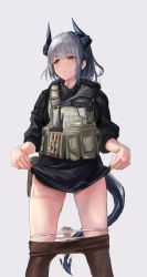 Rule 34 | 1girl, arknights, black pantyhose, black skirt, blush, bulletproof vest, clothes lift, clothes pull, commentary request, dragon girl, dragon horns, dragon tail, female focus, grey background, highres, horns, lifted by self, liskarm (arknights), liskarm (overload) (arknights), long hair, looking away, looking to the side, miniskirt, official alternate costume, orange eyes, panties, panty pull, pantyhose, pantyhose pull, pee, peeing, sawkm, silver hair, simple background, skirt, skirt lift, solo, stained panties, tactical clothes, tail, underwear, white panties