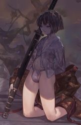 Rule 34 | 1boy, black hair, bulge, commentary request, expressionless, fundoshi, graphite (medium), highres, japanese clothes, jikan hakushaku, katana, kimono, kneeling, kuro the divine heir, looking at viewer, male focus, navel, off shoulder, planted, planted sword, planted weapon, sekiro: shadows die twice, sheath, sheathed, short hair, solo, sword, testicle peek, traditional media, trap, undressing, weapon