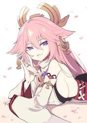 Rule 34 | 1girl, animal ears, breasts, cherry blossoms, detached sleeves, earrings, fox ears, fox shadow puppet, genshin impact, hair between eyes, highres, japanese clothes, jewelry, large breasts, long hair, looking at viewer, lying, miko, mzh, nail polish, on stomach, petals, pink hair, pink nails, purple eyes, sideboob, simple background, solo, wide sleeves, yae miko