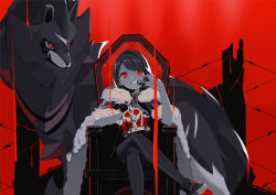 Rule 34 | 1girl, barbed wire, black nails, bob cut, cape, chair, champion uniform, cheek pull, commentary request, creatures (company), crossed legs, crown, eyelashes, fur-trimmed cape, fur trim, game freak, gen 8 pokemon, gloria (pokemon), greyscale with colored background, grin, hand up, highres, holding, holding crown, kii (kiiui), king (vocaloid), knees, legendary pokemon, leggings, looking at viewer, mouth pull, nail polish, nintendo, pokemon, pokemon (creature), pokemon swsh, red background, red eyes, shirt, short hair, short sleeves, simple background, sitting, smile, striped legwear, swept bangs, teeth, throne, unworn crown, vertical-striped legwear, vocaloid, zamazenta, zamazenta (hero)