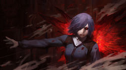 Rule 34 | 10s, 1girl, asymmetrical wings, black sclera, blood, blood on face, colored sclera, diaodiao, glowing, hair over one eye, kagune (tokyo ghoul), kirishima touka, long sleeves, outstretched arm, purple hair, red eyes, solo, tokyo ghoul, traditional media, wings