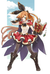 Rule 34 | 10s, 1girl, bare shoulders, black footwear, black gloves, black thighhighs, blue sky, blush, book, boots, breasts, brown hair, cape, clarisse (granblue fantasy), cloud, eyebrows, eyelashes, female focus, gloves, granblue fantasy, green eyes, hair ornament, hair ribbon, highres, knee boots, long hair, looking at viewer, one eye closed, open mouth, ponytail, popoin, ribbon, simple background, skirt, sky, sleeveless, smile, solo, standing, thighhighs, turtleneck, v, v over eye, very long hair, wink