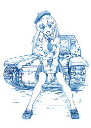 Rule 34 | 10s, anzio school uniform, bbb (friskuser), beret, blue theme, carpaccio (girls und panzer), carro veloce cv-33, commentary request, girls und panzer, hair between eyes, hat, highres, long hair, looking at viewer, military, military vehicle, monochrome, motor vehicle, necktie, open mouth, pantyhose, pleated skirt, school uniform, sitting, skirt, smile, solo, tank