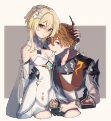 Rule 34 | 1boy, 1girl, bad id, bad pixiv id, bare shoulders, blonde hair, blue eyes, blush, breast sucking, breasts, capelet, cleavage, coat, dress, earrings, flower, genshin impact, gloves, hair between eyes, hair flower, hair ornament, hand on another&#039;s head, highres, jewelry, kino (m6t2a), looking at viewer, lumine (genshin impact), mask, mask on head, orange hair, short hair, simple background, single earring, tartaglia (genshin impact), white coat, white dress, yellow eyes
